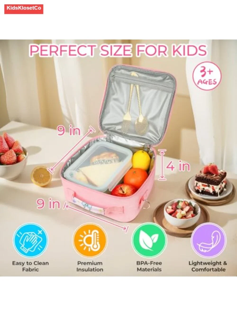 Insulated Lunch Bag for Kids, Durable Square Bento Tote with Shoulder Strap,
